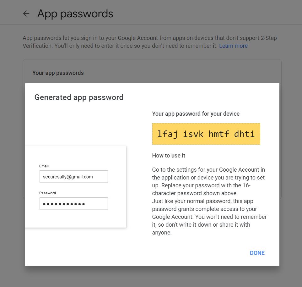 Google App Password Screen