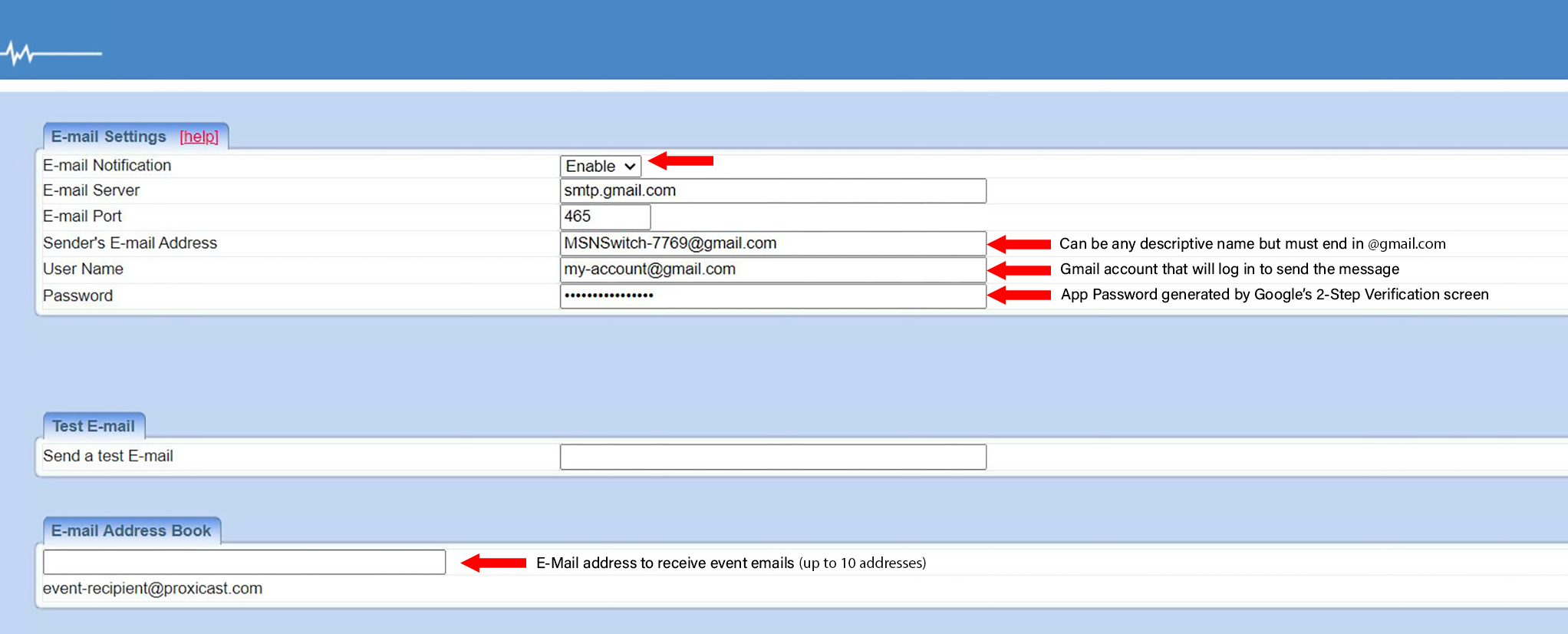 Gmail settings in MSNSwitch