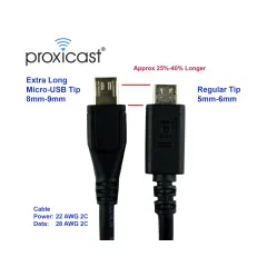 Proxicast Premium 8.0 mm Extra Long Tip USB 2.0 Micro-USB Male - to - USB A Male Cable - 6 ft Length - Heavy 22 AWG Gauge - Fast Charge + Data for Thick Cases & Deep Connectors