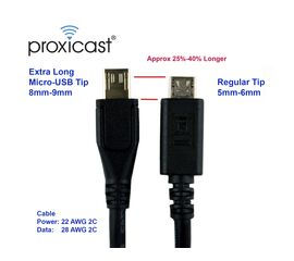 Proxicast Premium 8mm Extra Long Tip USB 2.0 Micro-USB Male - to - USB A Male Cable - 6 ft Length - Heavy 22 AWG Gauge - Fast Charge + Data for Thick Cases & Deep Connectors