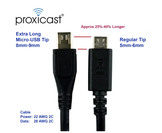 Proxicast Premium 8.0 mm Extra Long Tip USB 2.0 Micro-USB Male - to - USB A Male Cable - 6 ft Length - Heavy 22 AWG Gauge - Fast Charge + Data for Thick Cases & Deep Connectors