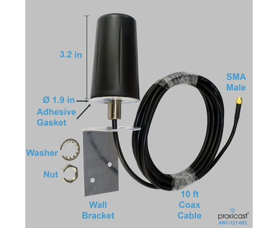 Proxicast Vandal Resistant Low Profile 4G/5G Omni-Directional Antenna - 3-6 dBi Gain - Fixed Mount - 10 ft Coax Lead - For Cisco, Cradlepoint, Digi, Novatel, Pepwave, Proxicast, Sierra Wireless, and others, # Elements: SISO - 10 ft lead, 4 image