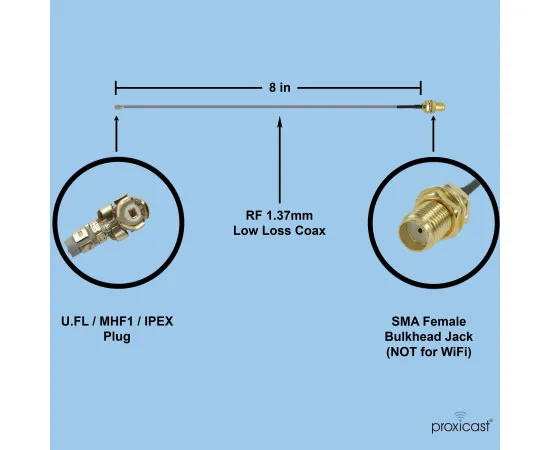 Proxicast 8 inch U.FL (IPEX / MHF1) to SMA Female Ultra Low-Loss 1.37mm Coaxial Pigtail Jumper Cable for 4G, LTE, 5G, Bluetooth, ZigBee, 900 MHz, LoRa, GPS, Drone, RC and Video Radio Antennas - 2 Pack, IPEX Pigtail Type: SMA Female, 2 image