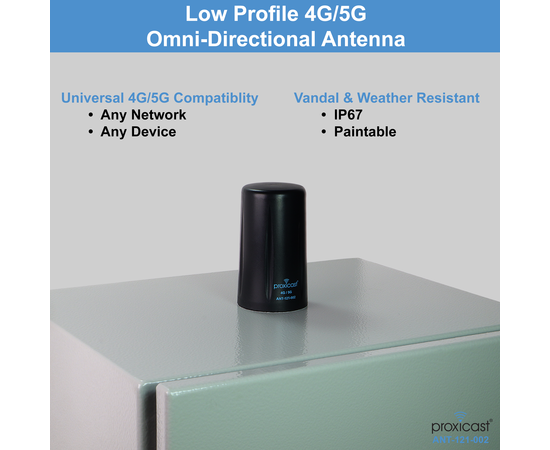 Proxicast Vandal Resistant Low Profile 4G/5G Omni-Directional Antenna - 3-6 dBi Gain - Fixed Mount - 10 ft Coax Lead - For Cisco, Cradlepoint, Digi, Novatel, Pepwave, Proxicast, Sierra Wireless, and others, # Elements: SISO - 1 lead, 2 image
