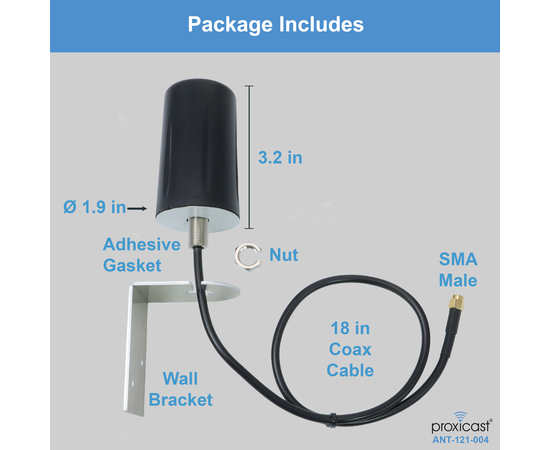 Proxicast Vandal Resistant Low Profile 4G/5G Omni-Directional Antenna - 3-6 dBi Gain - Fixed Mount - 18 in Coax Lead - For Cisco, Cradlepoint, Digi, Novatel, Pepwave, Proxicast, Sierra Wireless, and others, # Elements: SISO - 18 in lead, 4 image