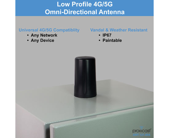 Proxicast Vandal Resistant Low Profile 4G/5G Omni-Directional Antenna - 3-6 dBi Gain - Fixed Mount - 18 in Coax Lead - For Cisco, Cradlepoint, Digi, Novatel, Pepwave, Proxicast, Sierra Wireless, and others, # Elements: SISO - 18 in lead, 2 image