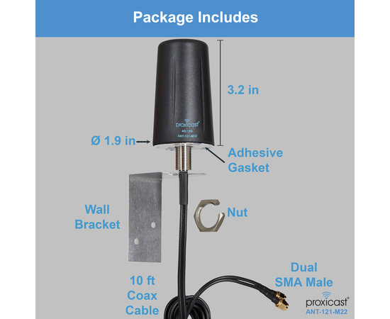 Proxicast Vandal Resistant MIMO Low Profile 4G/5G Omni-Directional Screw Mount Antenna - 10 ft Coax Lead - For Cisco, Cradlepoint, Digi, Novatel, Pepwave, Proxicast, Sierra Wireless, and others, # Elements: 2x2 MIMO, 3 image