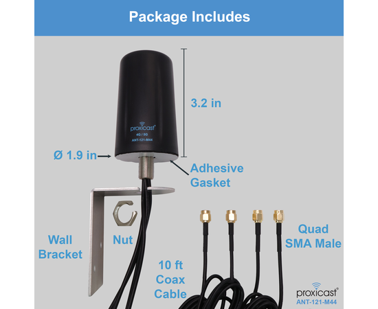 Proxicast Vandal Resistant 4x4 MIMO Low Profile 4G/5G Omni-Directional Screw Mount Antenna - 10 ft Coax Leads - for Cisco, Cradlepoint, Digi, Pepwave, Sierra Wireless and Others, # Elements: 4x4 MIMO, 7 image