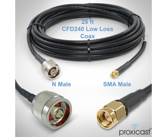 Proxicast Low-Loss Coax Extension Cable (50 Ohm) - SMA Male to N Male - for 4G/LTE/5G/Ham/ADS-B/GPS/RF Radio to Antenna or Surge Arrester Use (Not for TV or WiFi), Length: 25 ft (CFD 240), 2 image