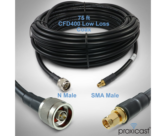 Proxicast Low-Loss Coax Extension Cable (50 Ohm) - SMA Male to N Male - for 4G/LTE/5G/Ham/ADS-B/GPS/RF Radio to Antenna or Surge Arrester Use (Not for TV or WiFi), Length: 75 ft (CFD 400), 2 image