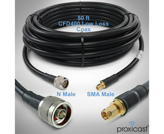 Proxicast Low-Loss Coax Extension Cable (50 Ohm) - SMA Male to N Male - for 4G/LTE/5G/Ham/ADS-B/GPS/RF Radio to Antenna or Surge Arrester Use (Not for TV or WiFi), Length: 50 ft (CFD 400), 2 image
