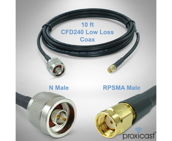 Proxicast RP SMA Male to N Male Premium Low-Loss Coaxial Cable (50 Ohm) for Connecting WiFi & Helium Miner (HNT Hotspots) to N-Female Antennas, RPSMA Cable Length: 10 ft, 2 image