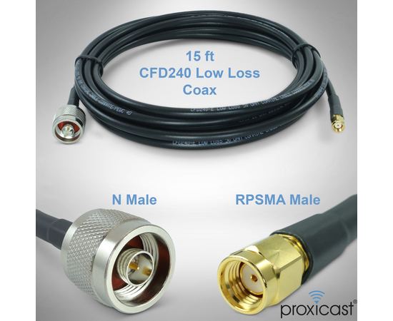 Proxicast RP SMA Male to N Male Premium Low-Loss Coaxial Cable (50 Ohm) for Connecting WiFi & Helium Miner (HNT Hotspots) to N-Female Antennas, RPSMA Cable Length: 15 ft, 2 image