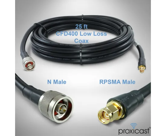 Proxicast RP SMA Male to N Male Premium Low-Loss Coaxial Cable (50 Ohm) for Connecting WiFi & Helium Miner (HNT Hotspots) to N-Female Antennas, RPSMA Cable Length: 25 ft, 2 image
