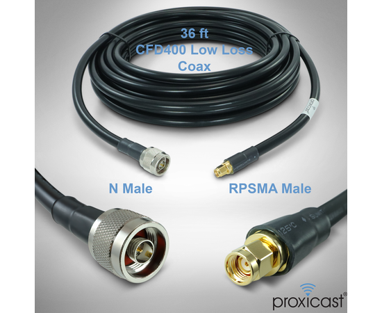 Proxicast RP SMA Male to N Male Premium Low-Loss Coaxial Cable (50 Ohm) for Connecting WiFi & Helium Miner (HNT Hotspots) to N-Female Antennas, RPSMA Cable Length: 36 ft, 2 image