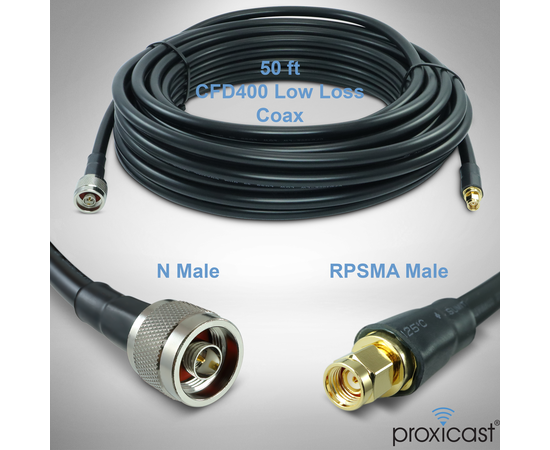 Proxicast RP SMA Male to N Male Premium Low-Loss Coaxial Cable (50 Ohm) for Connecting WiFi & Helium Miner (HNT Hotspots) to N-Female Antennas, RPSMA Cable Length: 50 ft, 2 image