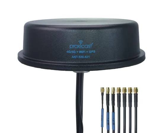 Proxicast 7-in-1 pro-grade MIMO vehicle antenna with 4G 5G LTE Wi-Fi and GPS for fleet management and emergency services.