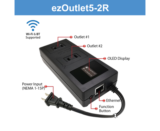 ezOutlet5-2R - Dual Outlet Internet Enabled IP & WiFi Remote Power Switch with Automatic Reboot - iOS | Android | Cloud | 2 Web Controllable AC Power Outlets - Model EZ-73a, # Outlets: 2, 2 image
