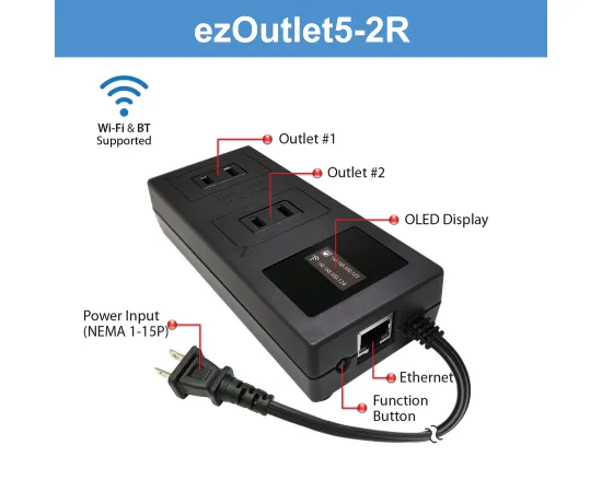 ezOutlet5-2R - Dual Outlet Internet Enabled IP & WiFi Remote Power Switch with Automatic Reboot - iOS | Android | Cloud | 2 Web Controllable AC Power Outlets - Model EZ-73a, # Outlets: 2, 2 image