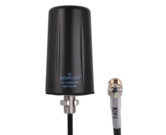 Proxicast Indoor / Outdoor Omnidirectional WiFi Antenna - Tri-Band 2.4/5.8/6 GHz - 3-5 dBi Gain - Vandal Resistant Low Profile Fixed Through-Hole Mount - 10 ft Coax Lead w/RP-SMA, # Elements: SISO - 1 lead