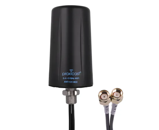 Proxicast Indoor/Outdoor 2x2 MIMO Omnidirectional WiFi Antenna - Tri-Band 2.4/5.8/6 GHz - 3-5 dBi Gain - Vandal Resistant Low Profile Fixed Through-Hole Mount - 10 ft Coax Lead w/RP-SMA, # Elements: 2x2 MIMO