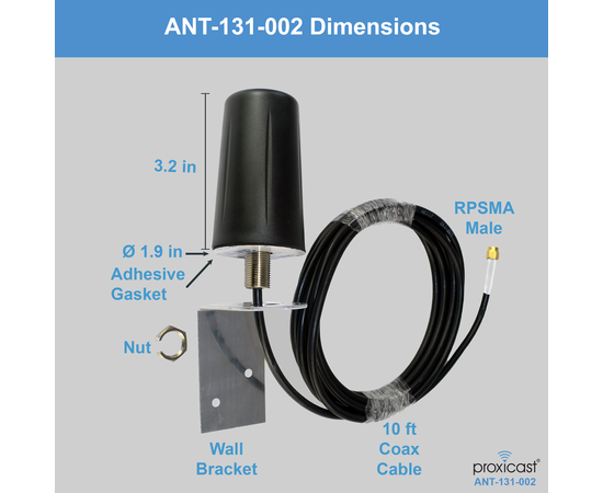 Proxicast Indoor / Outdoor Omnidirectional WiFi Antenna - Tri-Band 2.4/5.8/6 GHz - 3-5 dBi Gain - Vandal Resistant Low Profile Fixed Through-Hole Mount - 10 ft Coax Lead w/RP-SMA, # Elements: SISO - 1 lead, 5 image