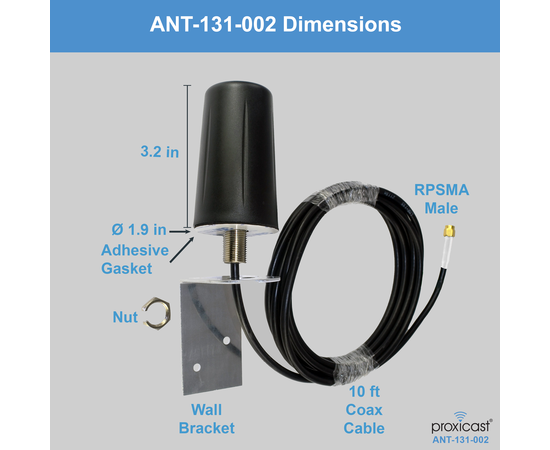 Proxicast Indoor / Outdoor Omnidirectional WiFi Antenna - Tri-Band 2.4/5.8/6 GHz - 3-5 dBi Gain - Vandal Resistant Low Profile Fixed Through-Hole Mount - 10 ft Coax Lead w/RP-SMA, # Elements: SISO - 10 ft lead, 5 image