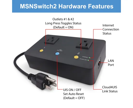 MSNSwitch2 Internet Enabled IP Remote Power Switch with Reboot - Control via Smartphone App, Cloud Service, Web Browser or API - 2 Independent AC Power Outlets (Model UIS-722T), MSNSwitch Variants: TAA Compliant, 6 image